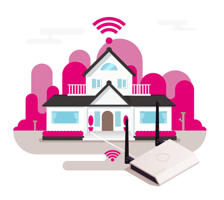 A two-story home designed with a pink color theme, displaying an NBN internet signal to indicate internet usage. A broadband modem is positioned in front of the house.